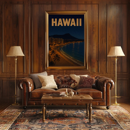 Hawaii Coastline At Night With Hotels Travel Poster