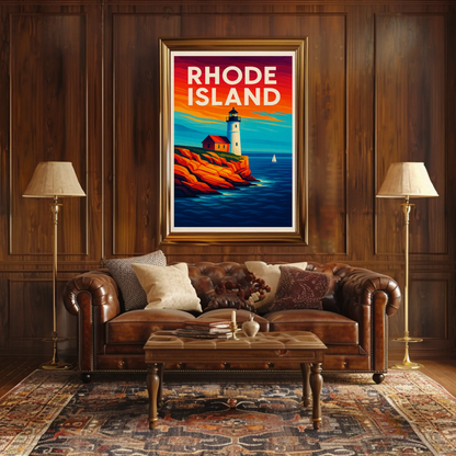 Rhode Island Coast Lighthouse Ocean Sunset Travel Poster