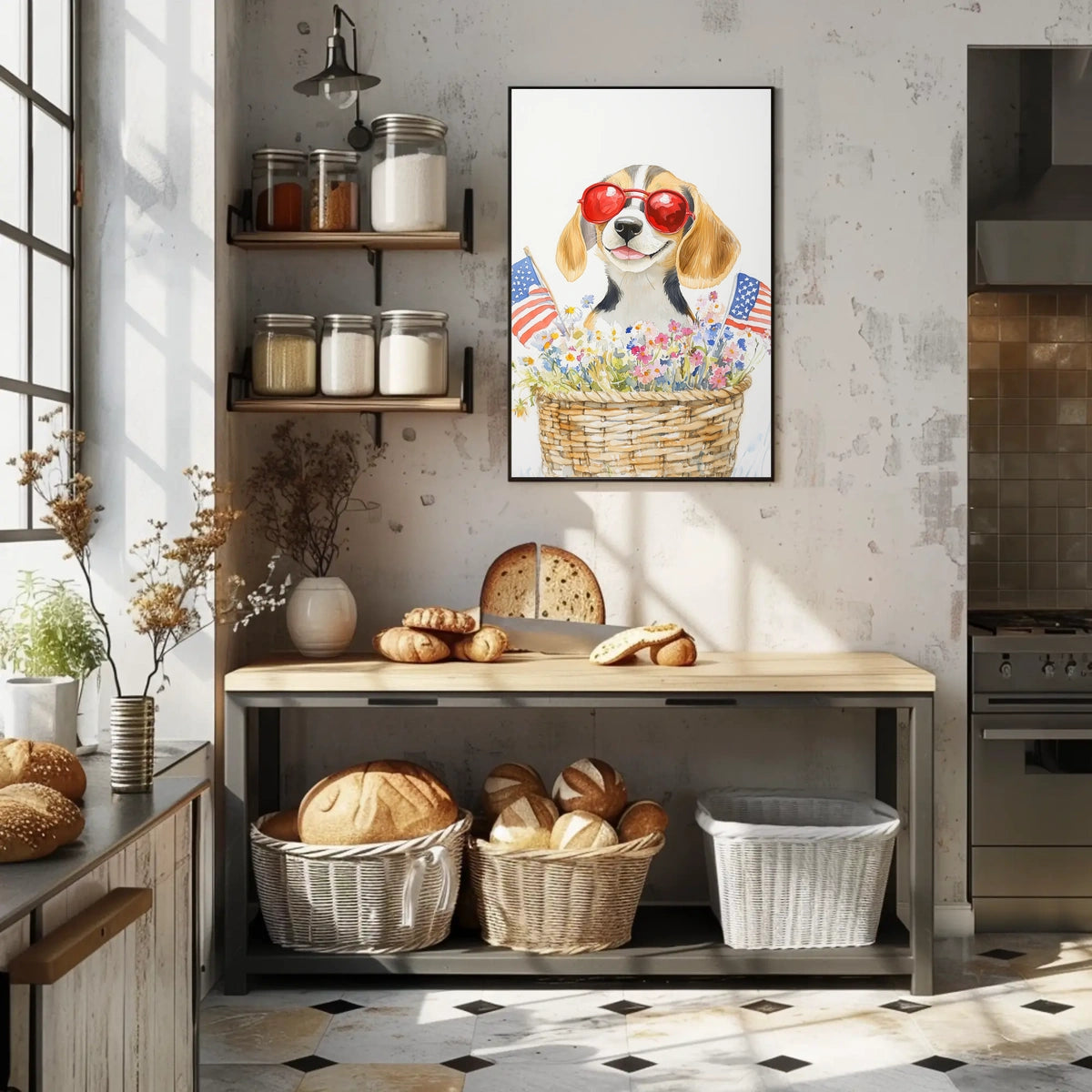 Beagle Puppy With Red Sunglasses In Flower Basket Poster