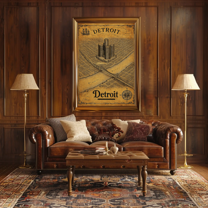 Detroit Historic Map Renaissance Center Travel Poster