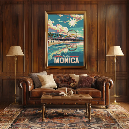 Santa Monica Reflection Ferris Wheel Beachfront Sunset Travel Poster