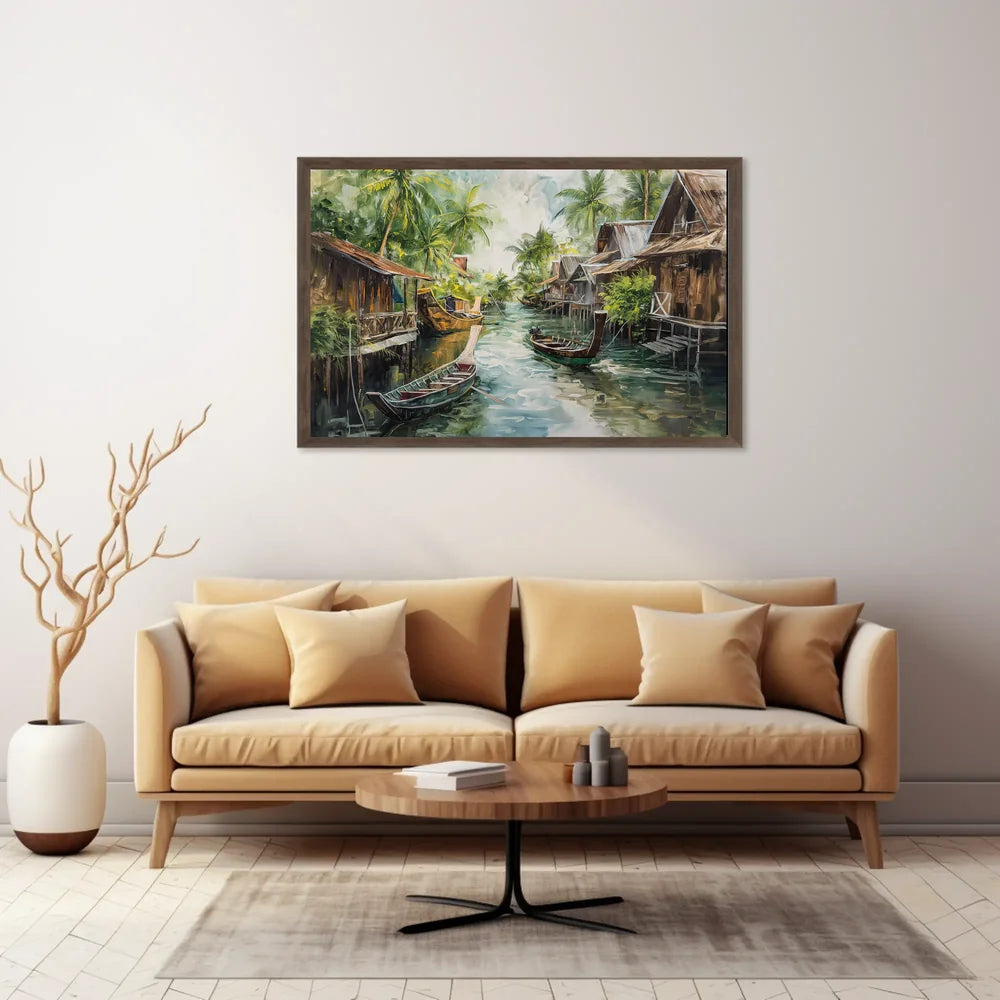 Serene Asian Floating Village Impressionistic Art Poster