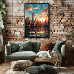 New York Cityscape Sunset View Poster Modern Wall Art