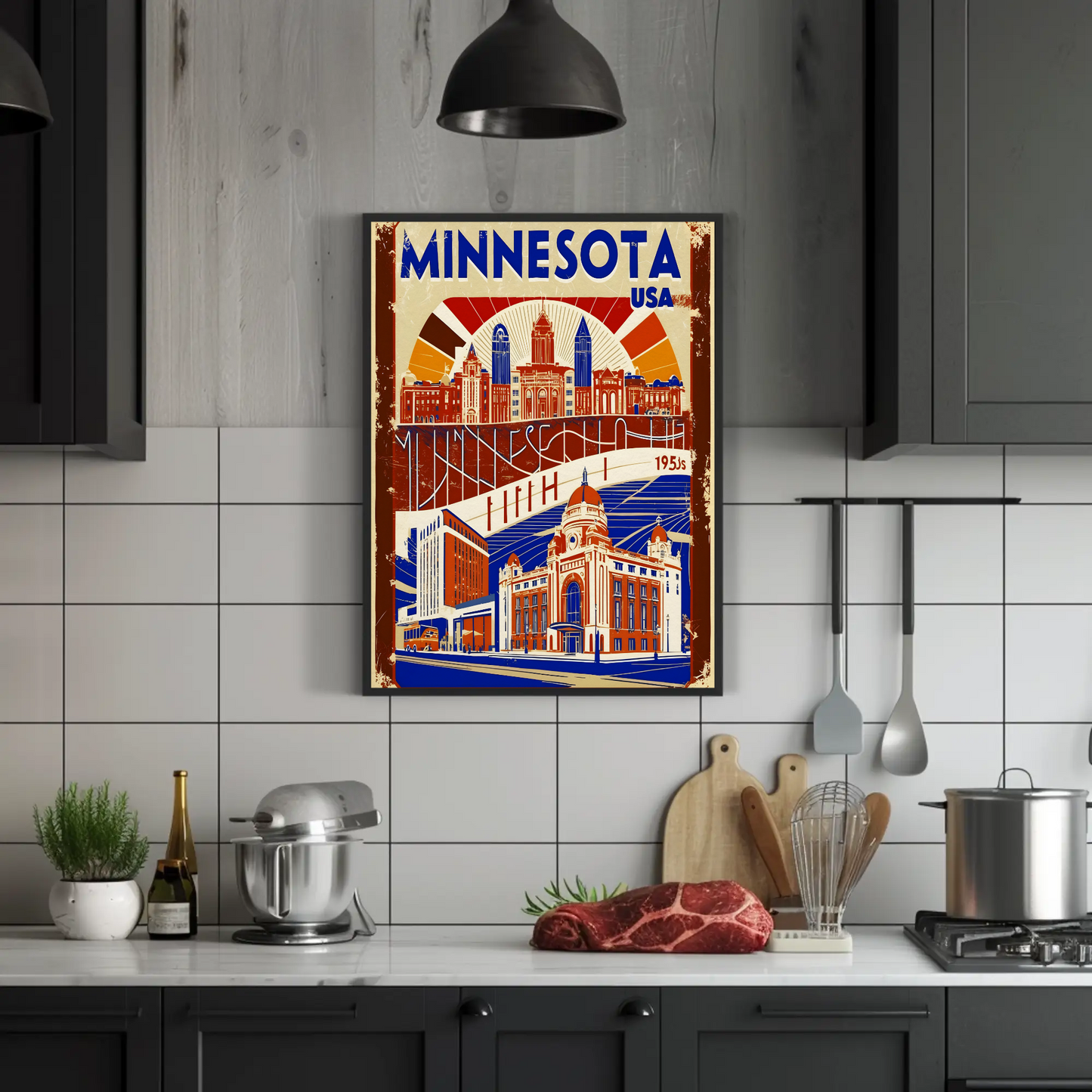 Minnesota USA 1950s Civic Skyline Vintage Travel Poster