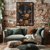 The poster features a central image of a witch's hat adorned with roses. Travel Poster