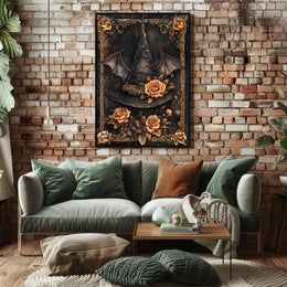 The poster features a central image of a witch's hat adorned with roses. Travel Poster