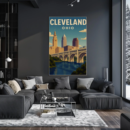 Cleveland Ohio Downtown Skyline Cuyahoga River Travel Poster