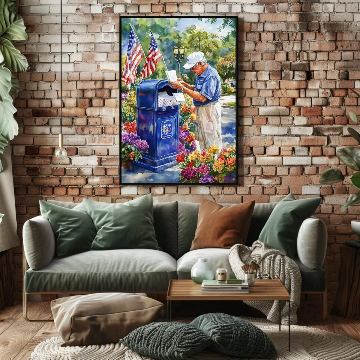 postal worker placing letters Poster