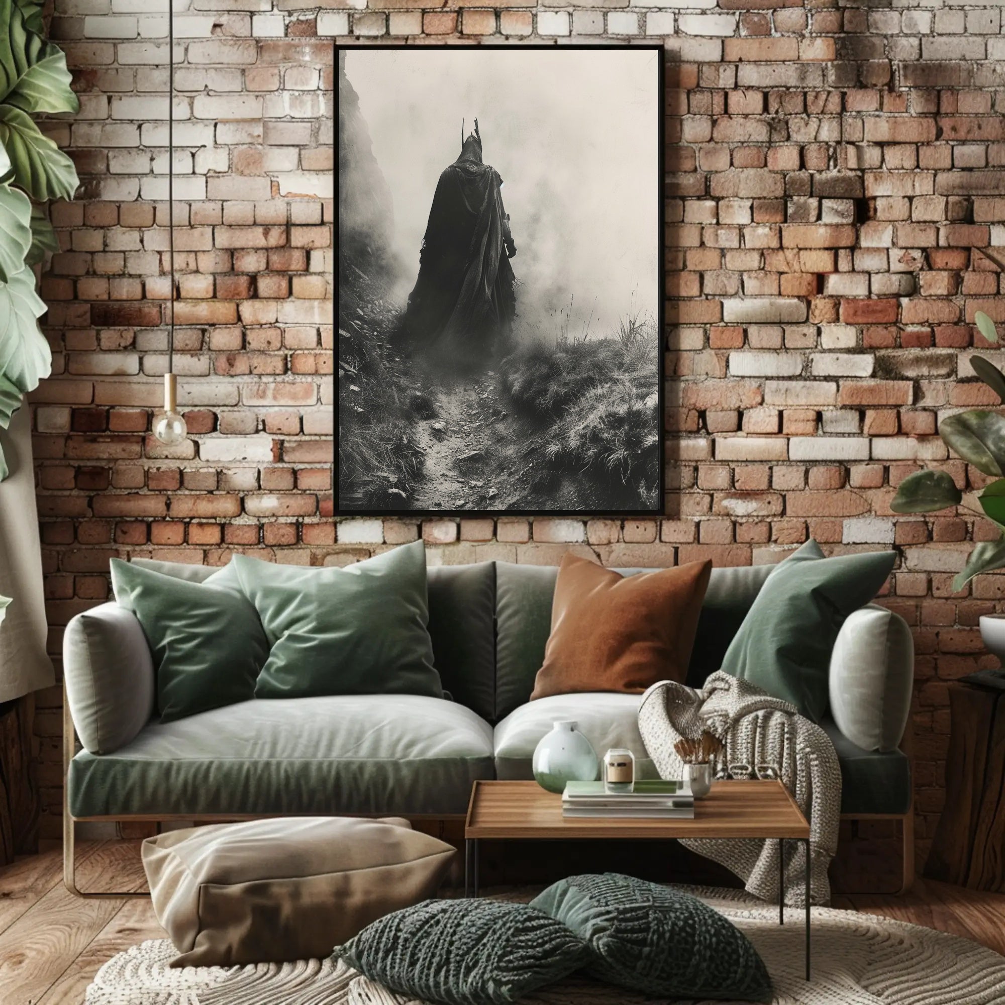 Mysterious Cloaked Figure in Foggy Terrain Fantasy Poster PosterGoat