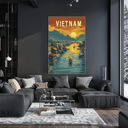 Vietnam River Sunset Floating Village Travel Poster