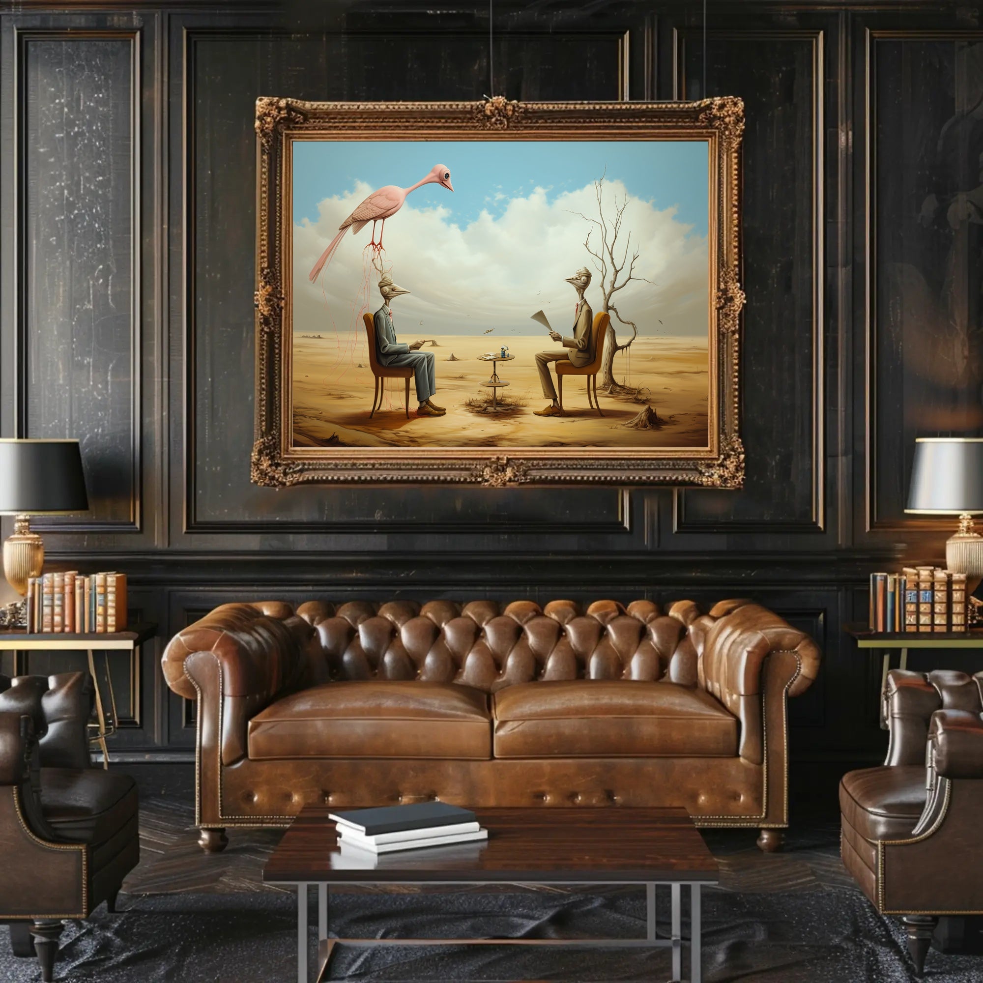 Surreal Bird-Headed Figures Formal Meeting Artistic Poster