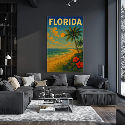 Florida Beach Palm Trees Hibiscus Flowers Travel Poster