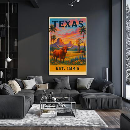 Texas Sunset Longhorn Windmill Landscape Travel Poster