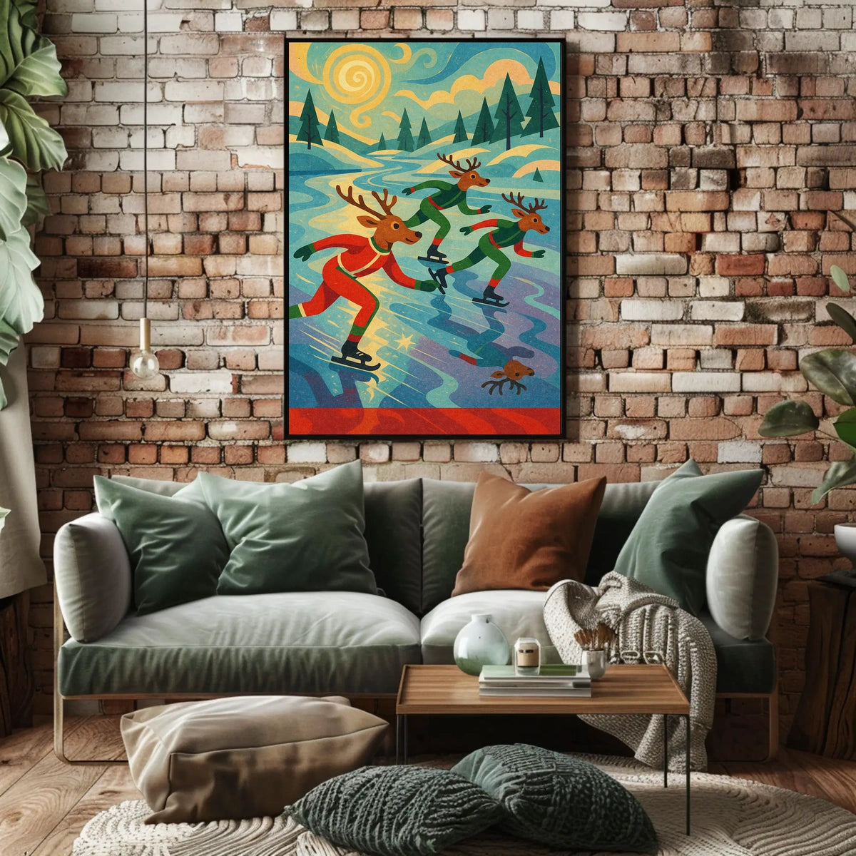 Whimsical Reindeer Skating Retro Art Poster