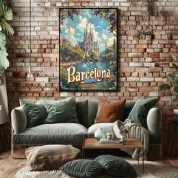 Barcelona Travel Poster with Sagrada Familia and Sunlit Scene