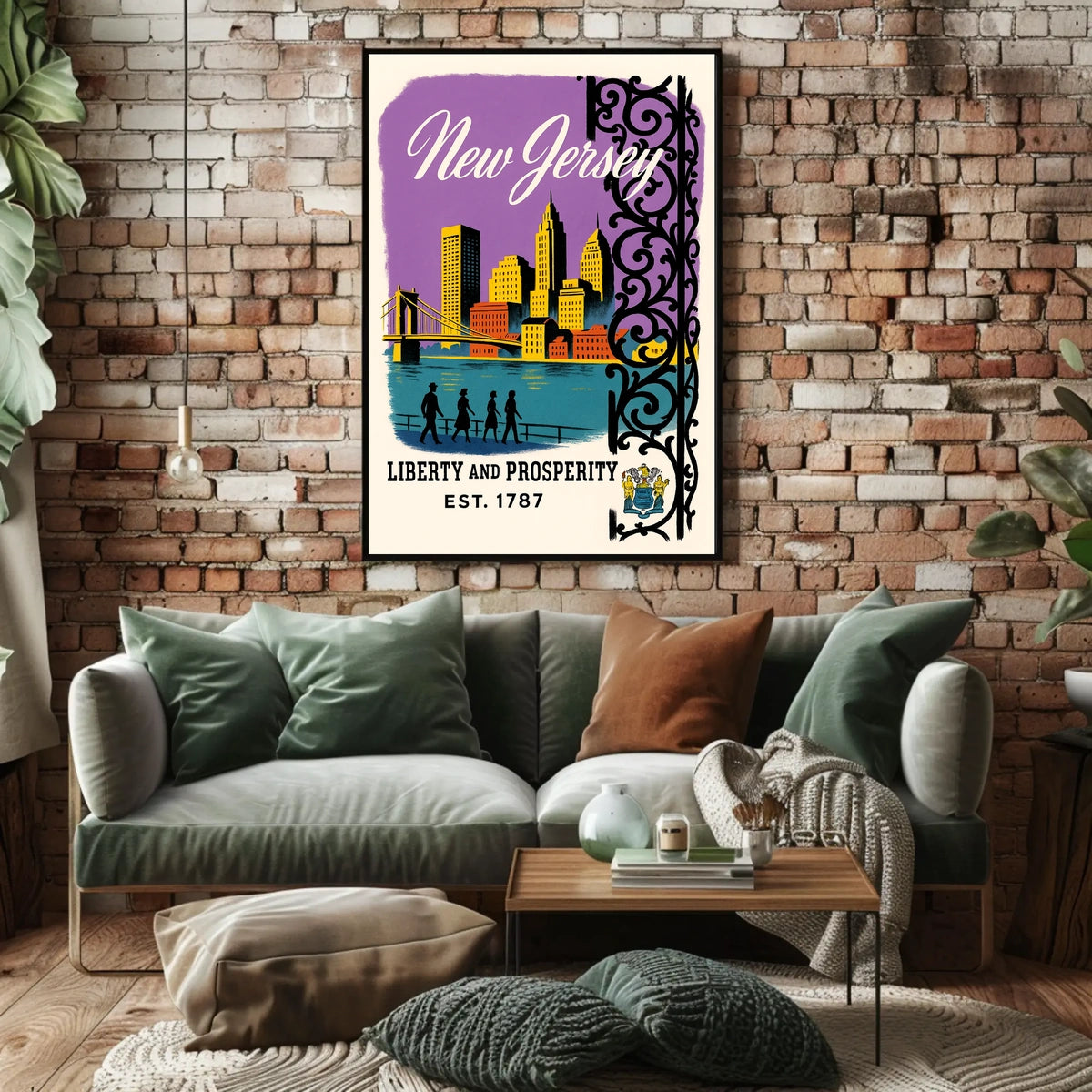 New Jersey Cityscape Bridge Purple Sky Vintage Poster