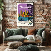 New Jersey Cityscape Bridge Purple Sky Vintage Poster