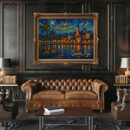 Suva Fiji Nighttime Island Cityscape Impressionism Digital Painting Wanderlust Decor Poster