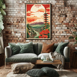 Vintage Travel Poster Featuring Japan's Mount Fuji and Pagoda
