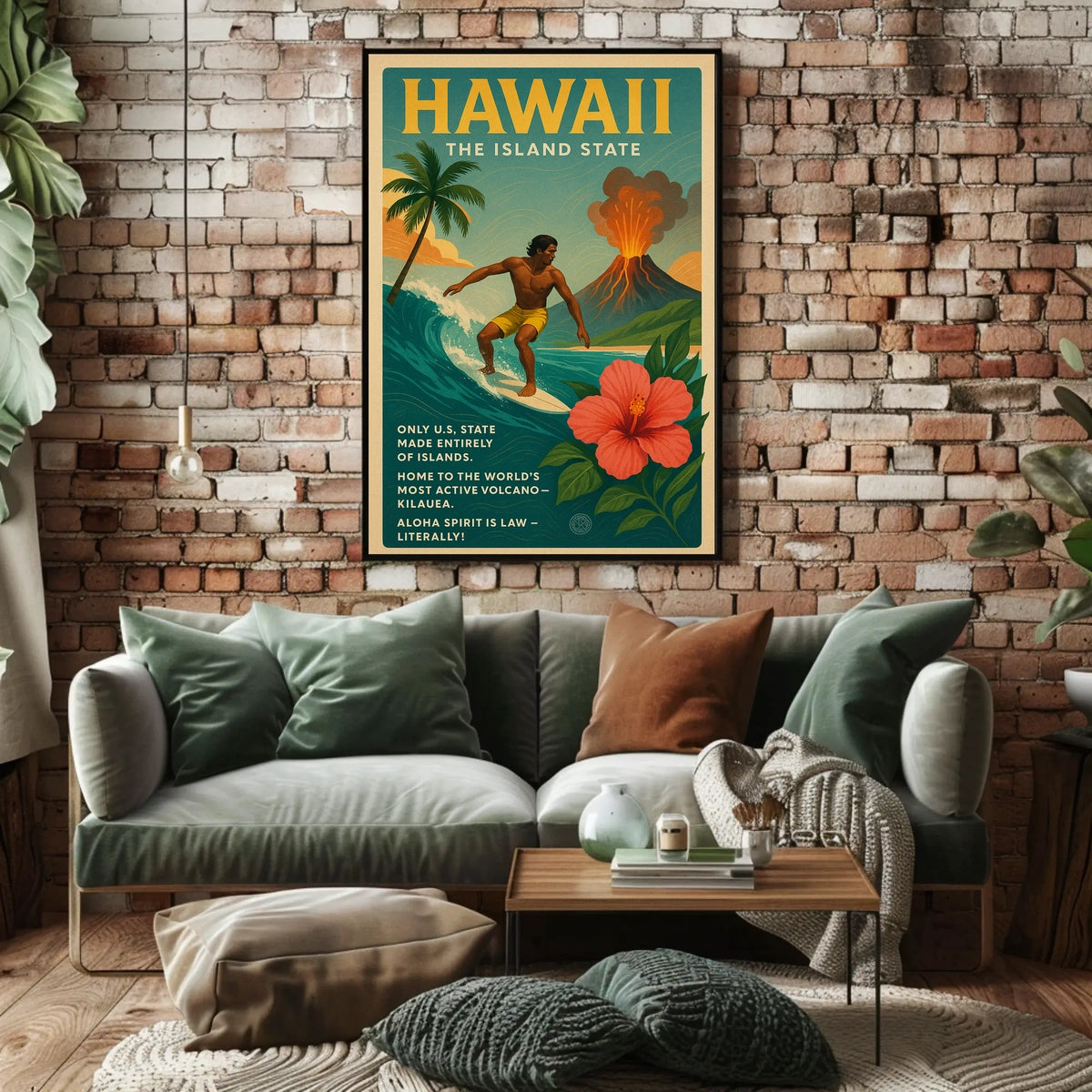 Hawaii Adventure Vintage Travel Poster: Surfing & Volcano