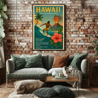 Hawaii Adventure Vintage Travel Poster: Surfing & Volcano