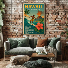 Hawaii Adventure Vintage Travel Poster: Surfing & Volcano