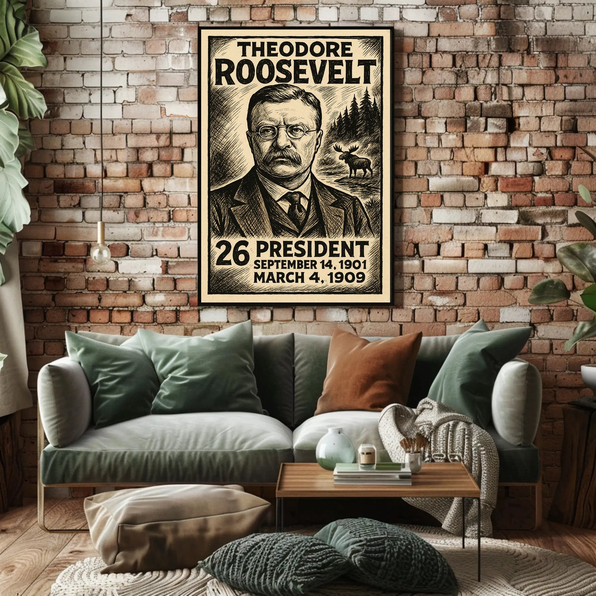 Theodore Roosevelt 26th President of the United States B & W Comic Sketch Poster