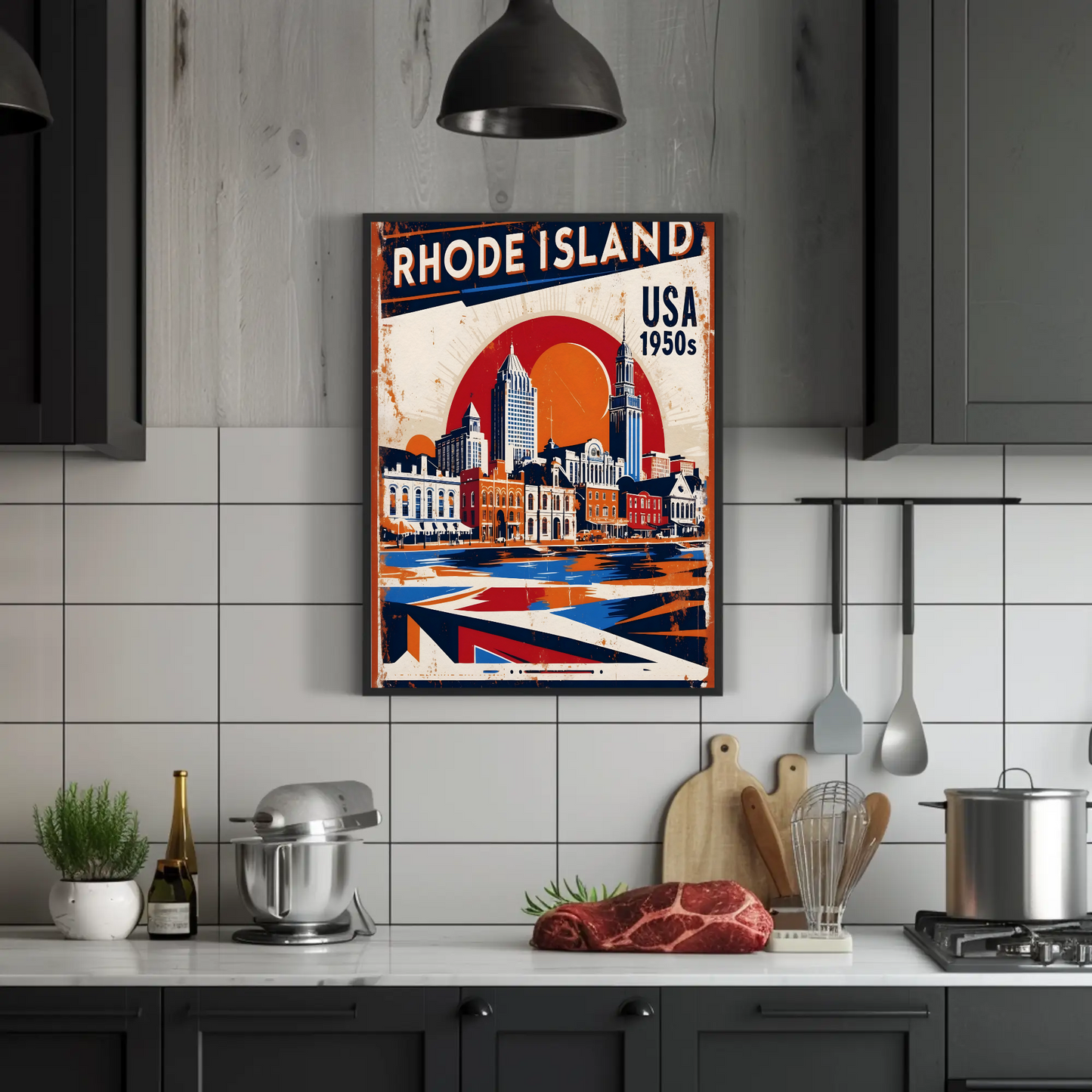 Rhode Island USA 1950s Waterfront Skyline Vintage Travel Poster