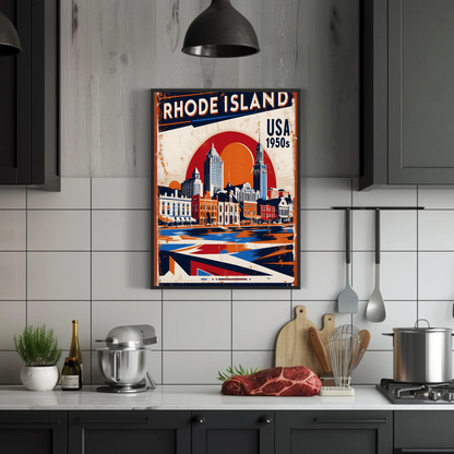 Rhode Island USA 1950s Waterfront Skyline Vintage Travel Poster