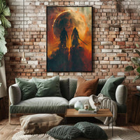 Epic Warriors Under Fiery Moon Fantasy or Mythology Poster PosterGoat