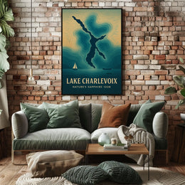 Lake Charlevoix: Sapphire-Gem Abstract Map Travel Poster