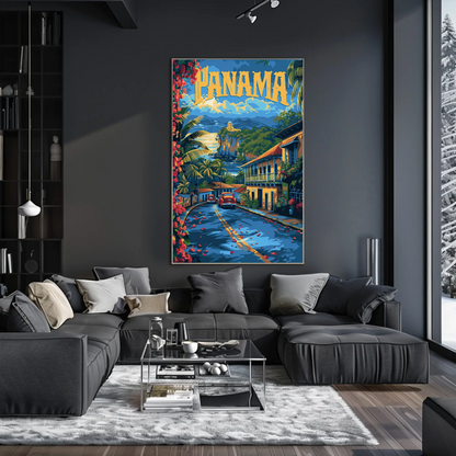 Panama Coastal Cliffs Village Retro Street View Travel Poster