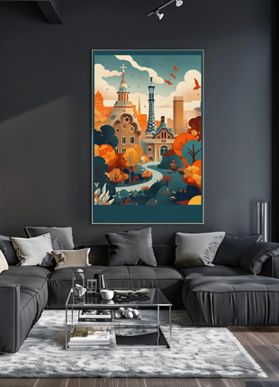 Barcelona Park Guell Surreal Skyline Travel Poster