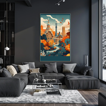 Barcelona Park Guell Surreal Skyline Travel Poster