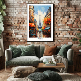 Parisian Street with Eiffel Tower Urban Cityscape Poster PosterGoat
