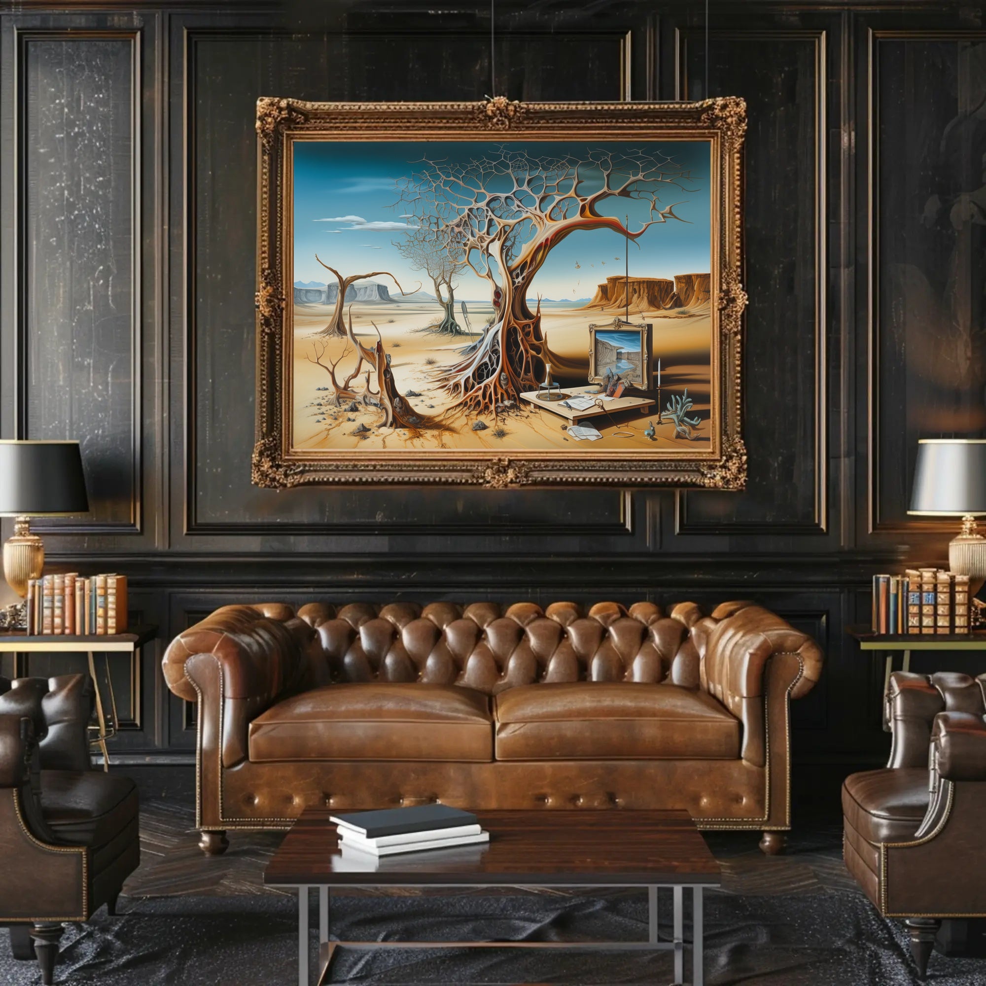 Surreal Desert Artwork with Abstract Tree: Artistic Poster