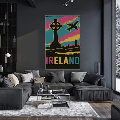 Ireland Celtic Cross Air Travel Retro Poster