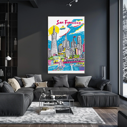 San Francisco California Colorful Skyline Waterfront Travel Poster
