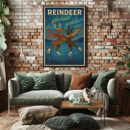 Whimsical Reindeer Ice Skating Under Northern Lights Animal Poster