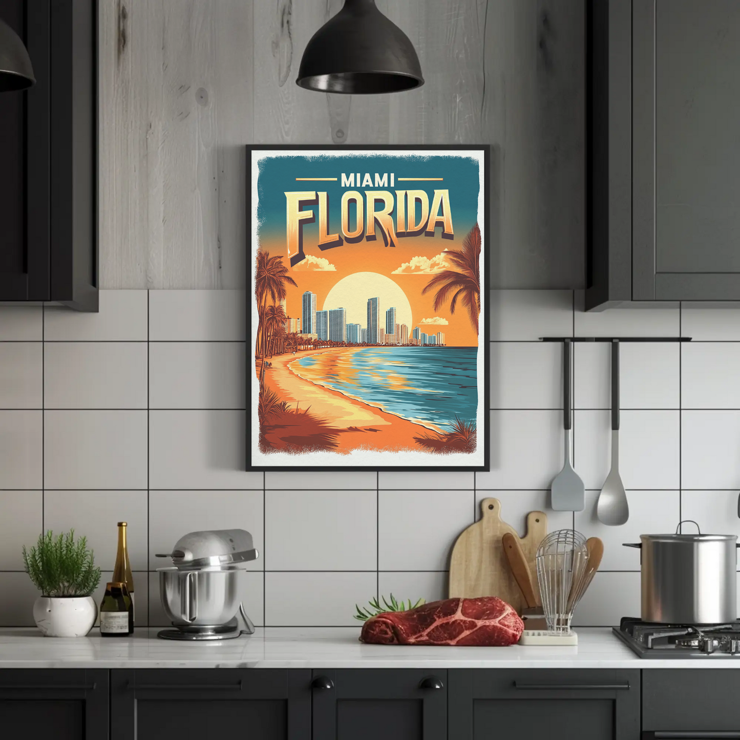 Miami Florida - Beach Sunset Vintage Travel Poster
