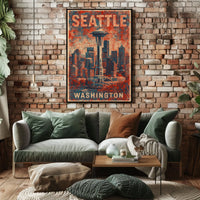 Seattle Space Needle Retro Urban Cityscape Travel Poster