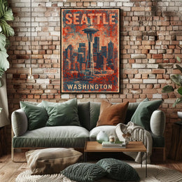 Seattle Space Needle Retro Urban Cityscape Travel Poster