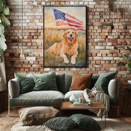 Golden Retriever Lying In Sunset Field Portrait Poster