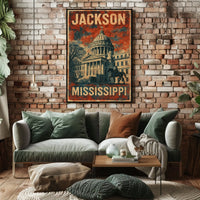 Jackson Mississippi Vintage Patriotic Architecture Capitol Building Heritage Horse Statue Eighties Typography Poster
