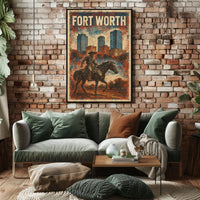 Fort Worth Cowboy Cityscape Vintage Collector Poster