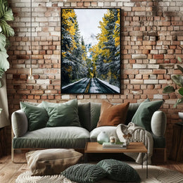 Autumnal Forest Road with Snow-Capped Mountain Poster