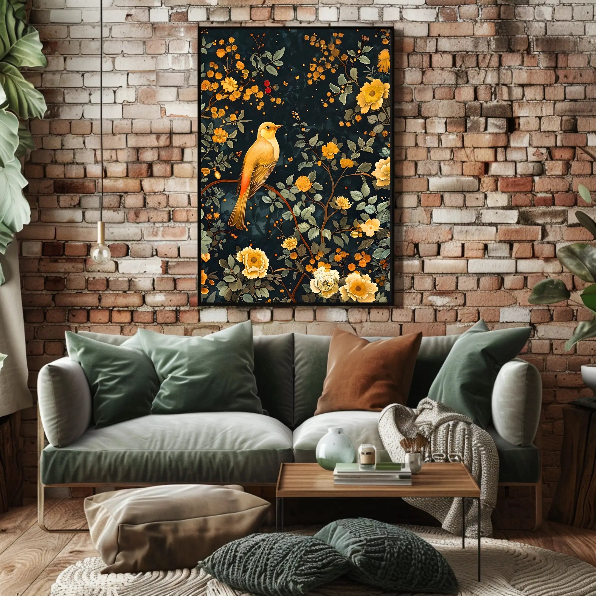 Golden Bird and Blossoms Wall Art Print