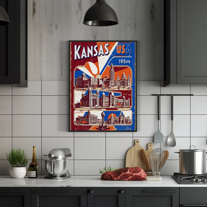 Kansas USA 1950s Grand Structures Vintage Maroon Travel Poster