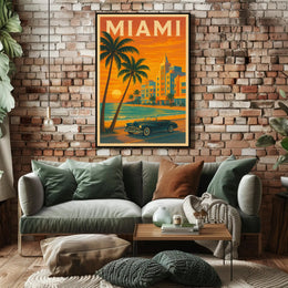 Miami Sunset Convertible - Vintage Travel Poster