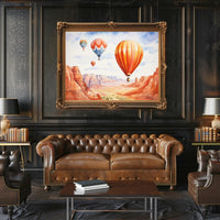 Hot Air Balloons Over Canyon Landscape Poster
